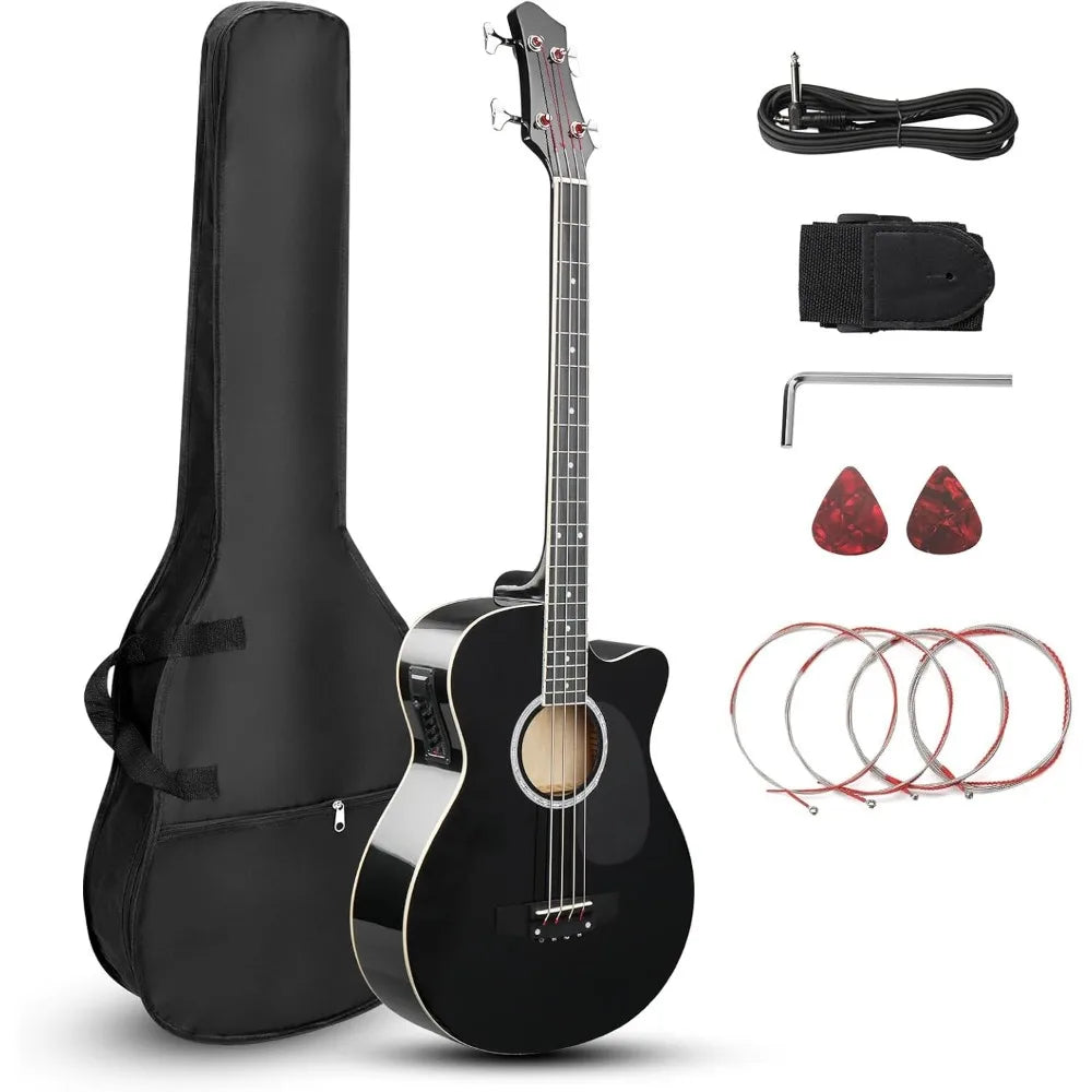 4 String Acoustic Bass Guitar, Full Size Bass Guitar Kit with Portable Guitar Bag, Premium Cable,Wrench, Strap, Plectrum (Black) - Premium  from Lizard Vigilante - Just $162.99! Shop now at Lizard Vigilante