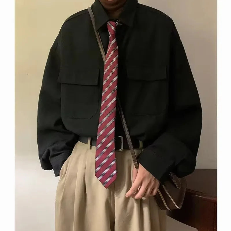 Autumn Green Black Shirt Men Fashion Social Mens Dress Shirt Korean Loose Long Sleeve Shirts Mens Pocket Tooling Shirt M-3XL