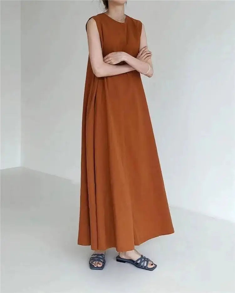 2022 Minimalist Chic Loose Swing Sleeveless Mid-length Casual Cotton Linen Long Dress  Round Neck High Waist Women Runway Dress