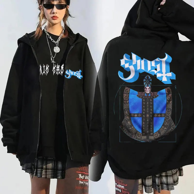 Vintage Ghost Band Graphic Zip-Up Hoodie | Men & Women Oversized Punk Gothic Rock Music Sweatshirt Coat | Cotton Loose Fit Streetwear for Autumn & Winter - Premium hoodie from Lizard Vigilante - Just $46.88! Shop now at Lizard Vigilante