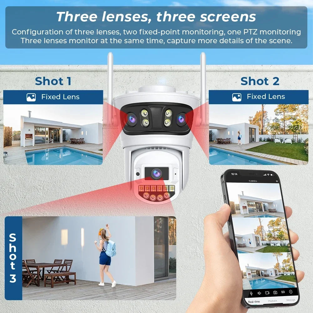 15MP 8K Ultra HD Wifi Outdoor Surveillance Camera | 3-Lens AI Human Detection, 360° Auto Tracking, Night Vision, Dual-Band Wireless Security Camera - Premium security camera from Lizard Vigilante - Just $50.99! Shop now at Lizard Vigilante