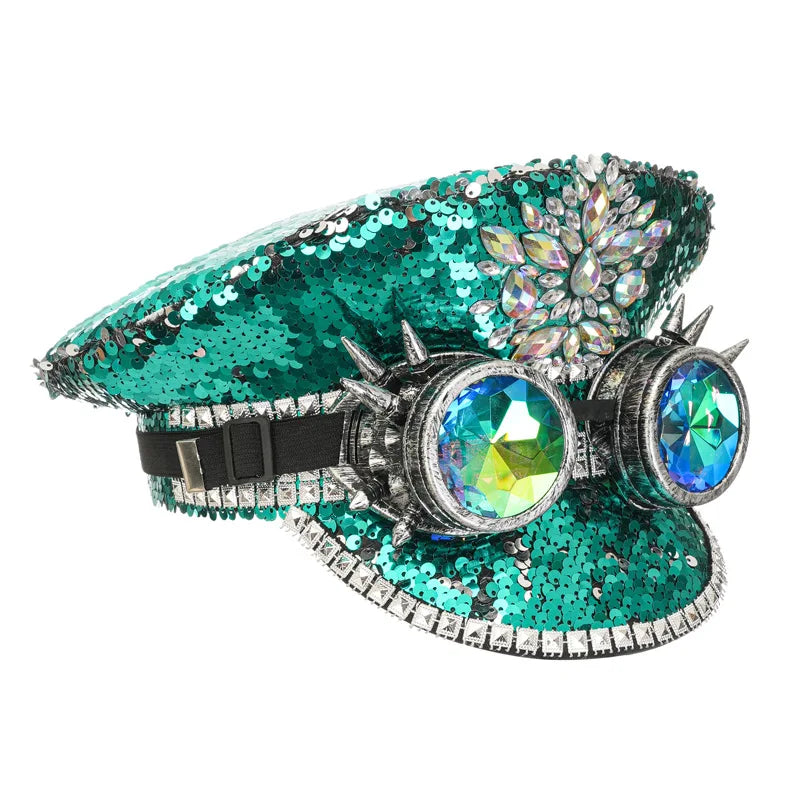 Green Sequined & Rhinestones Luxury Military Hat – Steampunk Rave Rock Festival Party Accessory with Removable Glasses - Premium Hat from Lizard Vigilante - Just $48.88! Shop now at Lizard Vigilante