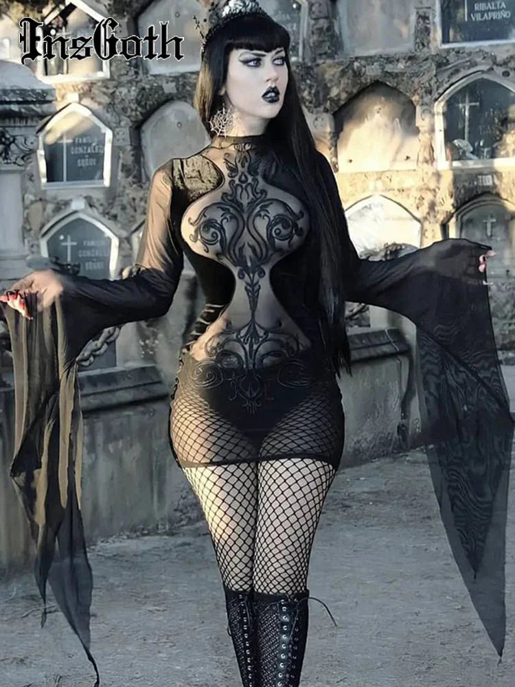 Gothic Vintage Patchwork Women Dress Irregular Hem Solid Punk Goth Fairy Retro Streetwear See Through Mesh Dresses - Premium dresss from Lizard Vigilante - Just $37.99! Shop now at Lizard Vigilante