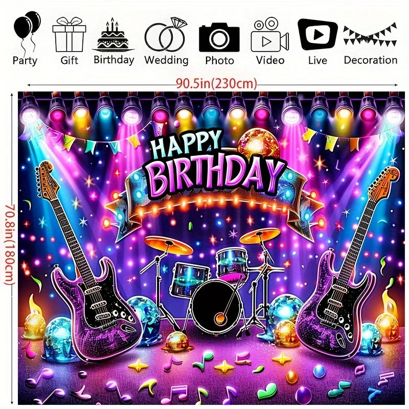 Rockstage Riot Birthday Backdrop – Guitar & Drum Explosion Wall Banner