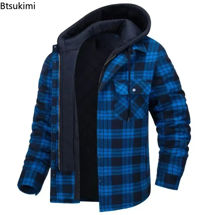 2024 Men's Winter Hooded Jacket – Warm, Thick Cotton Casual Coat with Detachable Hood & Plaid Design for Autumn & Winter - Premium  from Lizard Vigilante - Just $53.88! Shop now at Lizard Vigilante