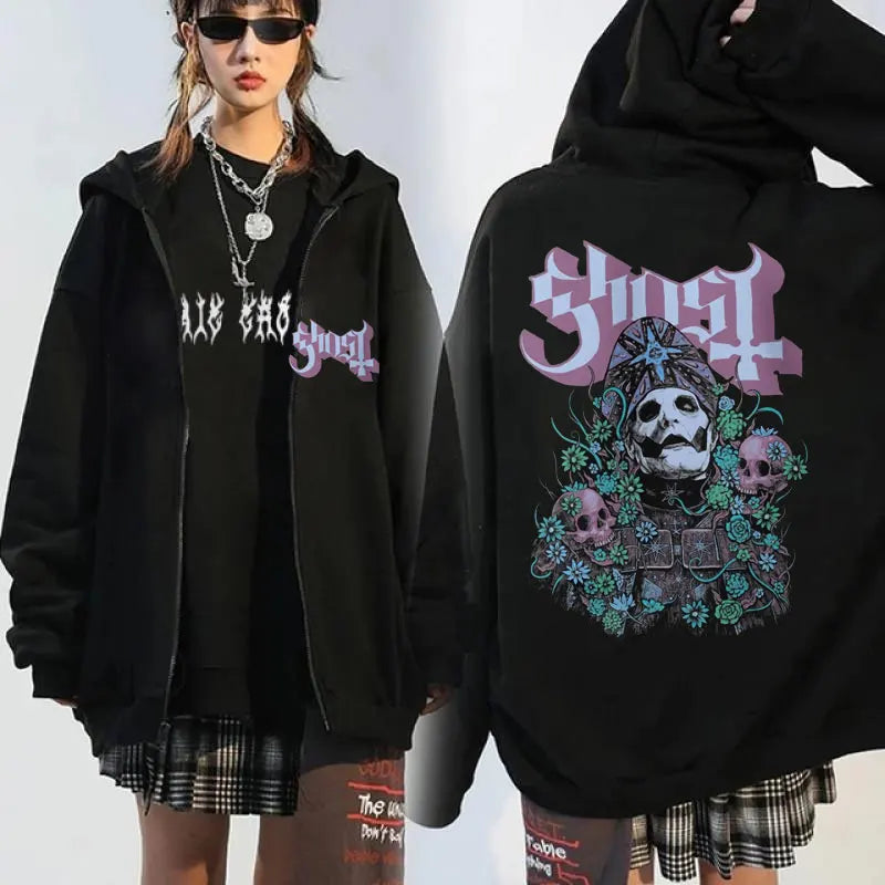 Vintage Ghost Band Graphic Zip-Up Hoodie | Men & Women Oversized Punk Gothic Rock Music Sweatshirt Coat | Cotton Loose Fit Streetwear for Autumn & Winter - Premium hoodie from Lizard Vigilante - Just $46.88! Shop now at Lizard Vigilante