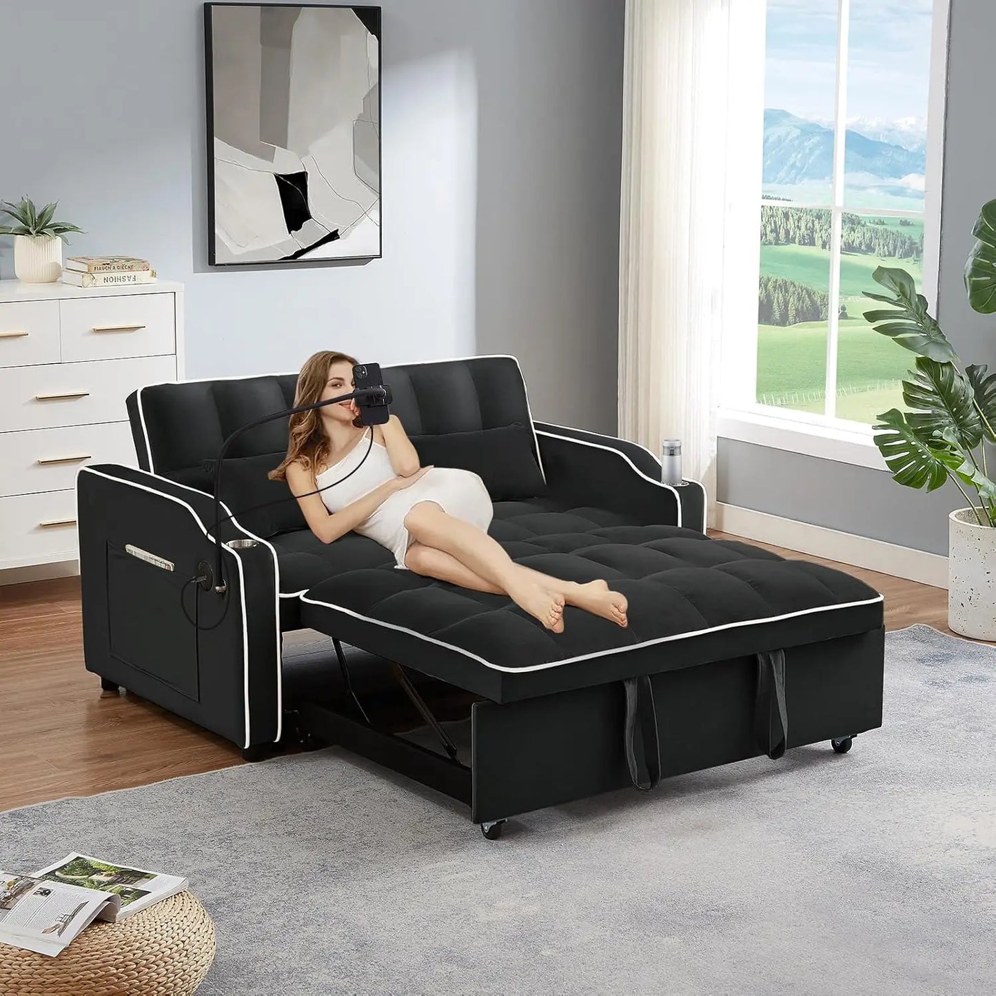 3-in-1 Convertible Velvet Pull-Out Couch Bed with USB & Type C Port – Comfy Futon Loveseat with Adjustable Backrest, Phone Stand & Cup Holder - Premium couch from Lizard Vigilante - Just $1799.88! Shop now at Lizard Vigilante