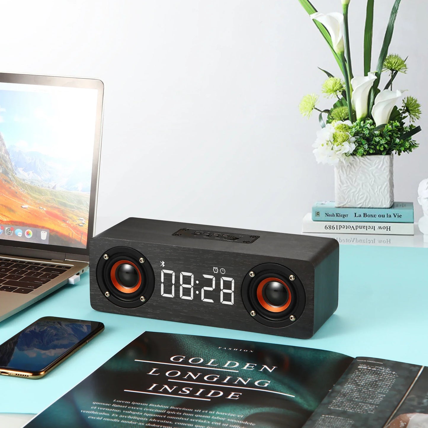 Wooden Bluetooth Speaker Portable Wireless Subwoofer Clock Soundbox Home Computer Echo Wall Soundbar HiFi Stereo TF AUX U Disk