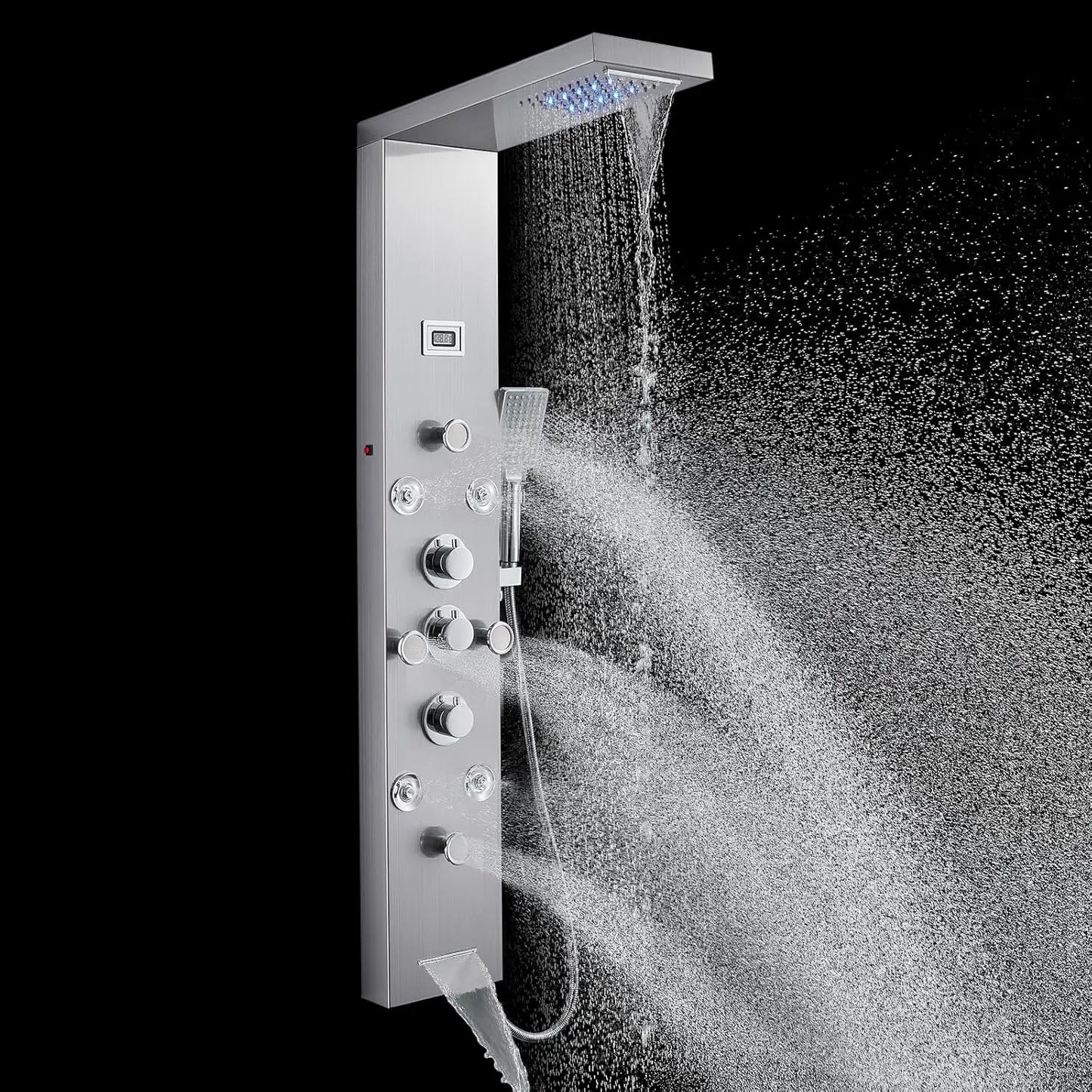 POPFLY LED Shower Panel with Shelf – Black 304 Stainless Steel, Multi-function Mist & Rainfall Shower System with Body Jets and Tub Spout - Premium shower panel from Lizard Vigilante - Just $146.99! Shop now at Lizard Vigilante