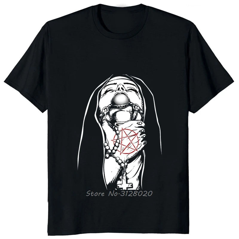 "God Is Busy, Can I Help You?" Unholy Nun Graphic T-Shirt – Edgy Satanic Humor Tee for Rebels, Heretics & Hipster Heathens | Lizard Vigilante Exclusive - Premium  from Lizard Vigilante - Just $44.99! Shop now at Lizard Vigilante