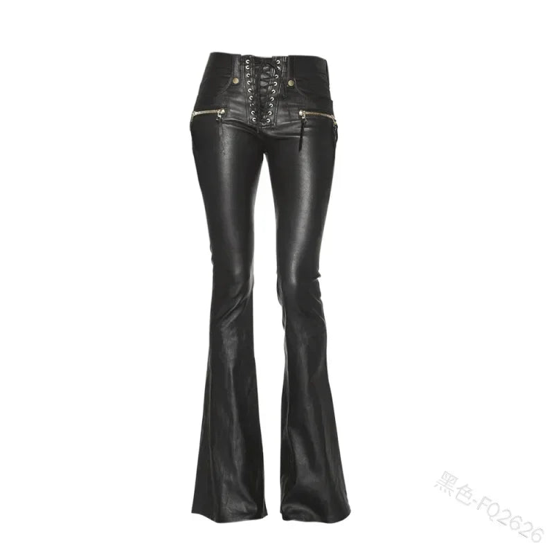 2024 Women's Motorcycle Faux Leather Pants Punk Rock Bandage Sensual Motorcycle Tight High-Waist Lace Up Bodycon Flare Trousers - Premium jeans from Lizard Vigilante - Just $46.88! Shop now at Lizard Vigilante