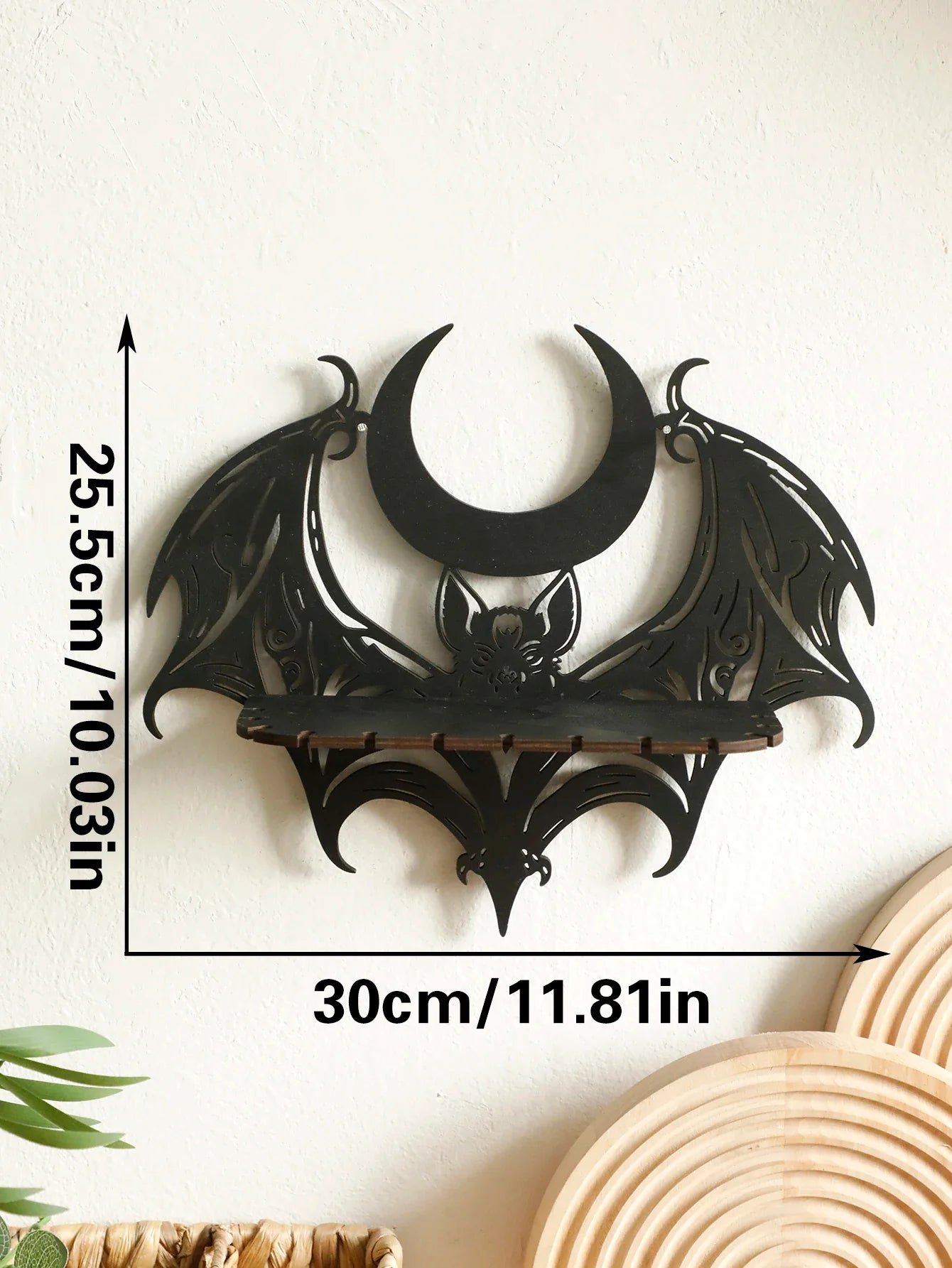 Black Halloween Wooden Wall Shelf Gothic Bat Moon Hollow Pattern Floating Shelf Crystal Holder Goth Home Decor Witch Room Decor