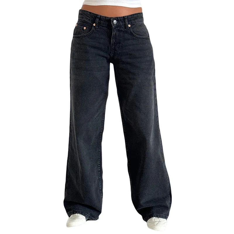Lamuusaa Jeans y2k Clothes Women Solid Color Low Waist Waist Wide Leg Denim Pants Trousers with Multi Pockets 2000s Streetwear