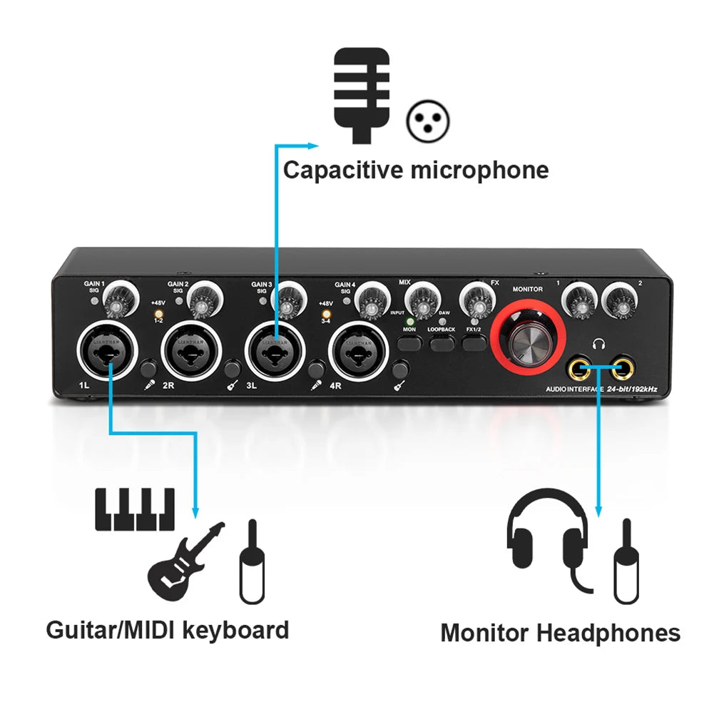 Professional 24Bit 192KHz Audio Interface Sound Card 4 Channel Sound Card for Guitar Loopback USB External Studio PC Recording - Premium  from Lizard Vigilante - Just $75.99! Shop now at Lizard Vigilante