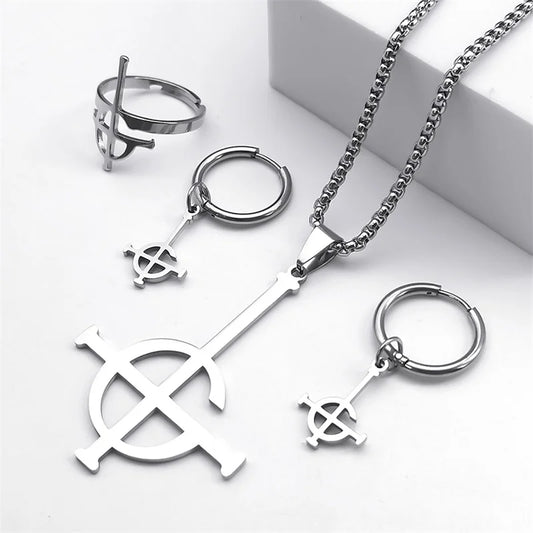 Stainless Steel Jewelry Set Ghost BC Rock Band Pendant Necklace The band Ghost Ghoul Chain Necklaces Fashion Earring Ring collar - Premium  from Lizard Vigilante - Just $7.99! Shop now at Lizard Vigilante