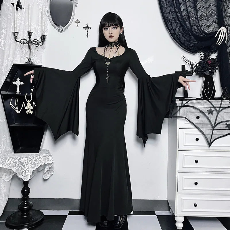 Gothic Vintage Halloween Dress for Women – Square Neck Patchwork with Spider Web Flare Sleeves - Premium Cosplay Costumes from Lizard Vigilante - Just $48.99! Shop now at Lizard Vigilante