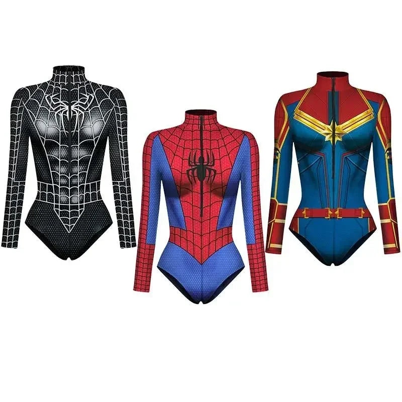 Spider Hero Captain 3D Print Long Sleeve Swim Bodysuit — Unisex Cosplay Jumpsuit For Beach, Pool, Halloween & Carnival