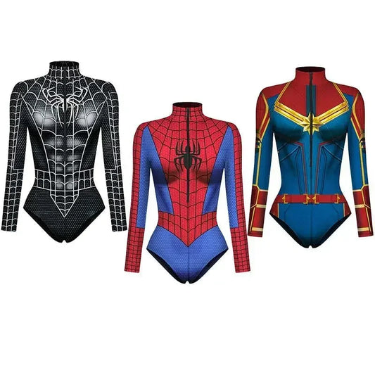 Spider Hero Captain 3D Print Long Sleeve Swim Bodysuit — Unisex Cosplay Jumpsuit For Beach, Pool, Halloween & Carnival