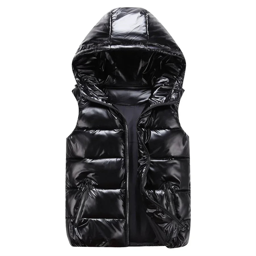 Men's Winter Hooded Padded Vest – Glossy Sleeveless Jacket, Waterproof Casual Outwear - Premium jacket from Lizard Vigilante - Just $28.88! Shop now at Lizard Vigilante