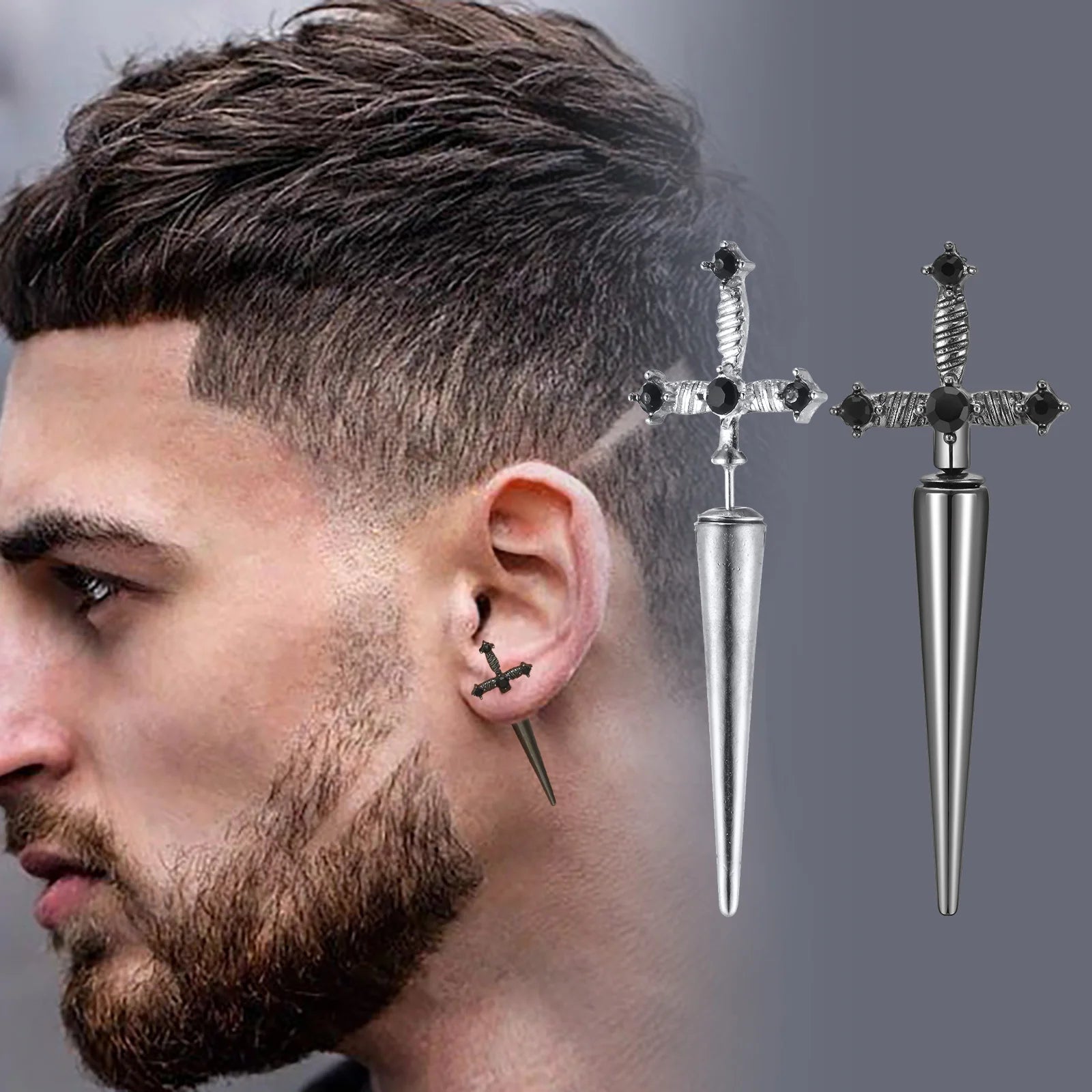 Gothic Sword Earrings with Black Stone Cross Studs - Premium  from Lizard Vigilante - Just $19.88! Shop now at Lizard Vigilante