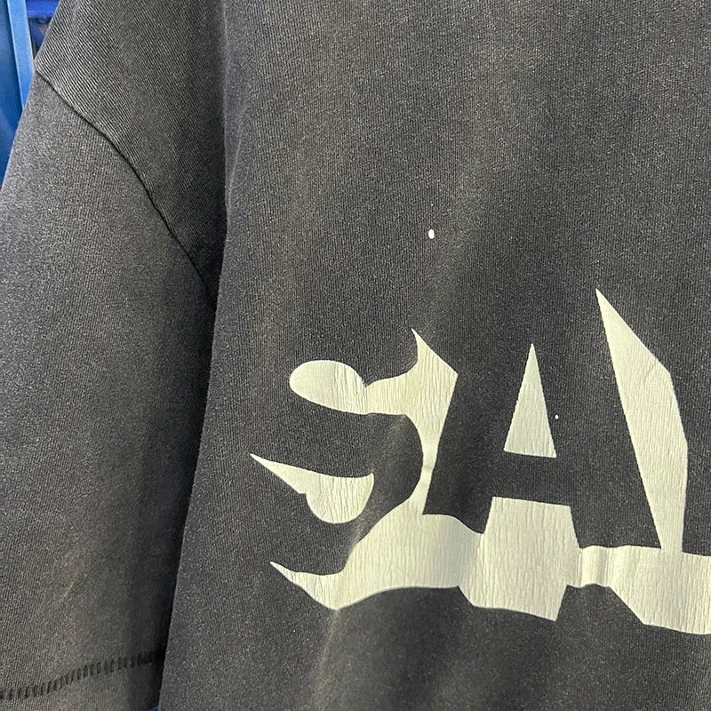 Men Women High Street Vintage Washed Black T-Shirt Top Quality Cototn TEE 3D Cracked Letters Logo Print Saint T Shirt With Tags - Premium  from Lizard Vigilante - Just $64.99! Shop now at Lizard Vigilante