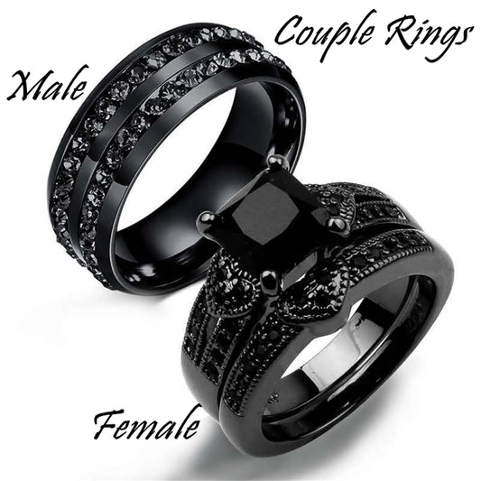 Lizard Vigilante Black Full Zircon Couple Ring Set – Men's Stainless Steel & Women's Heart-shaped Wedding Jewelry - Premium wedding rings from Lizard Vigilante - Just $28.88! Shop now at Lizard Vigilante