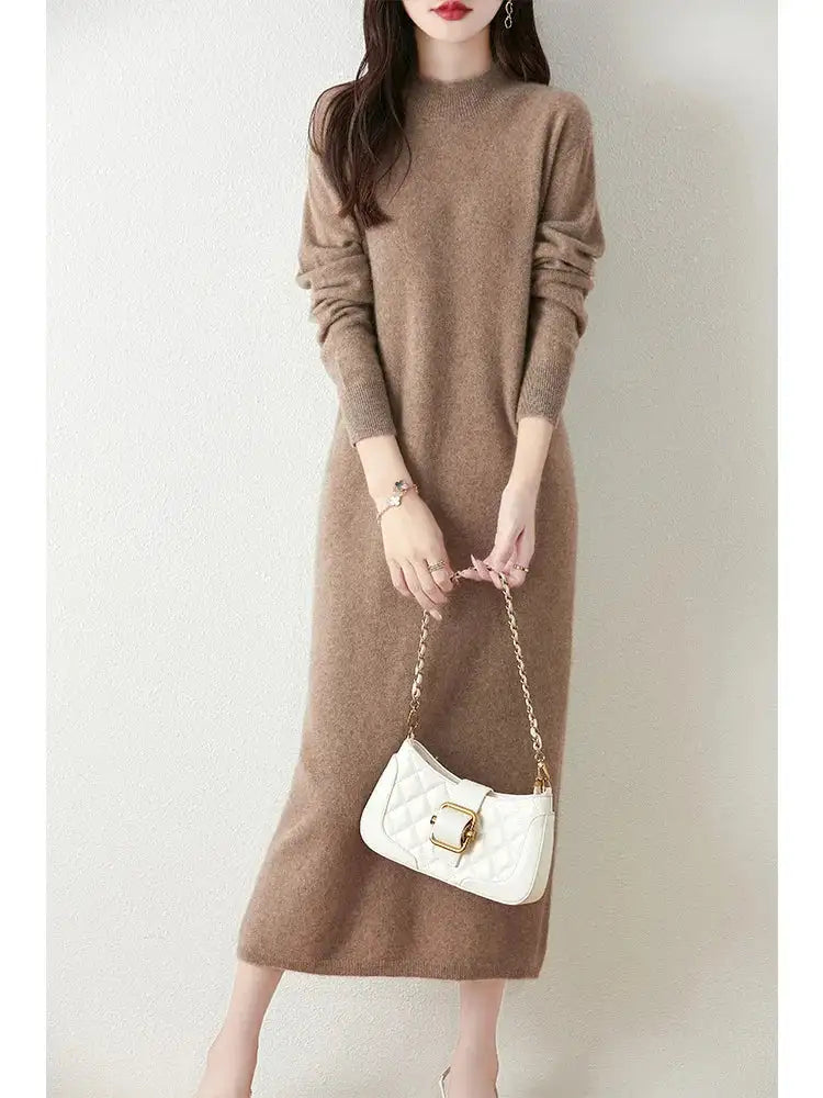 Autumn Winter Women's Wool Long Dress Cashmere Mock Neck Pullover Sweater 100% Merino Wool Soft Knitwear OL Simple Basic Dress
