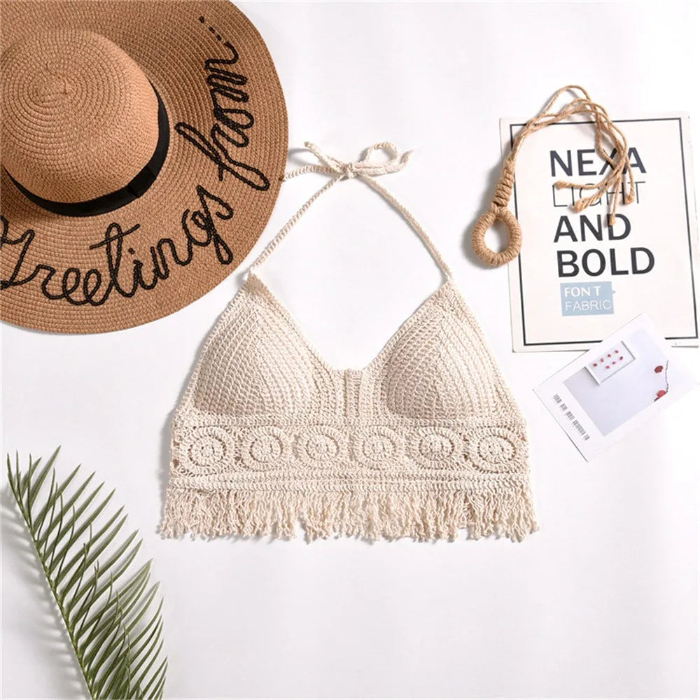 2024 Crop Tops Retro Wild Hollow Perspective Tassel Sexy Spaghetti Strap Tanke Top Women Built In Bra New Back Lace Halter Neck - Premium crop top from Lizard Vigilante - Just $6.99! Shop now at Lizard Vigilante