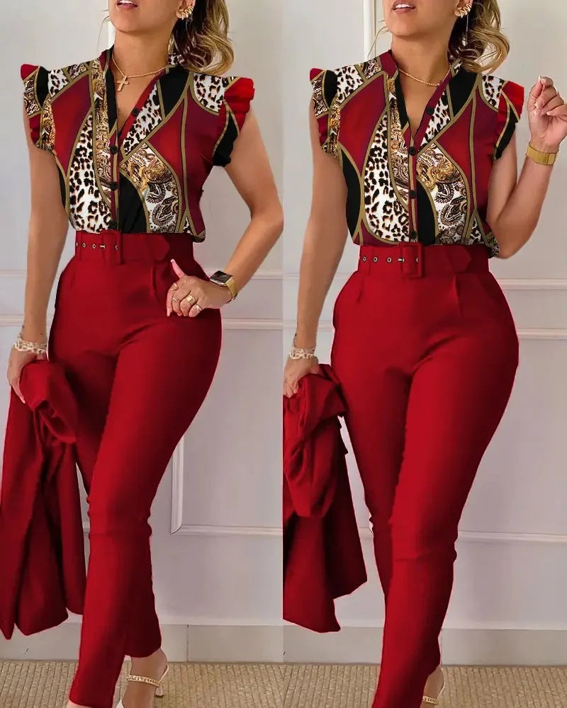 Women's Elegant Floral Slim Two-Piece Set - V-Neck Flying Sleeve Top & High-Waist Pencil Pants with Sash Belt - Premium suit from Lizard Vigilante - Just $38.88! Shop now at Lizard Vigilante