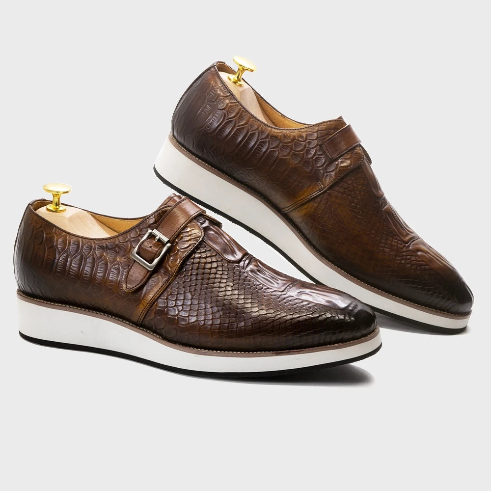 Men's Casual Shoes Genuine Leather Crocodile Pattern Buckle Monk Strap Sneakers – Classic Leather Fashion - Premium shoes from Lizard Vigilante - Just $163.99! Shop now at Lizard Vigilante