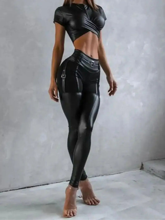 Women's PU Leather Tight Set: Edgy Hip Hop Streetwear Bodysuit - Premium bodysuit from Lizard Vigilante - Just $48.88! Shop now at Lizard Vigilante