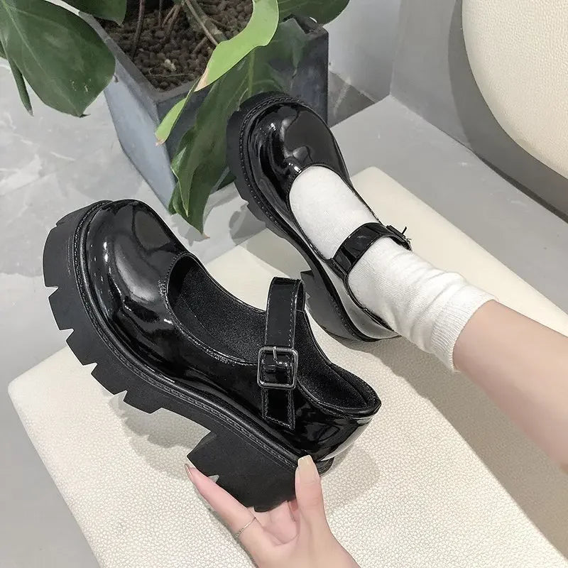 Patent Leather High Heels Mary Jane Shoes Women Japanese Style Ankle Platform Pumps Woman Buckle Jk Uniform Lolita Shoes
