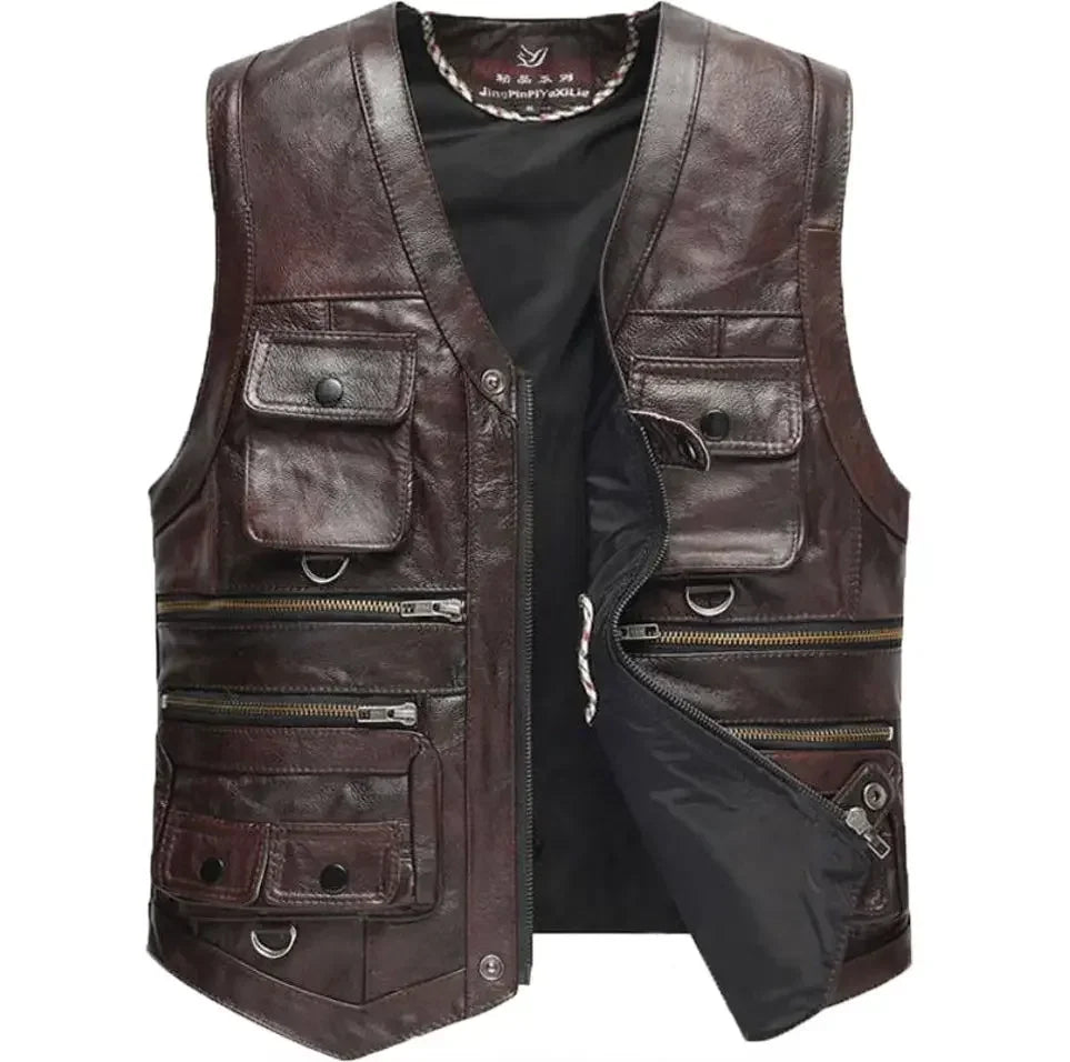 Men's Genuine Leather Imported Vest Male Multiple Pockets Sleeveless Coat Men V-neck Real Sheepskin Waistcoat - Lizard Vigilante