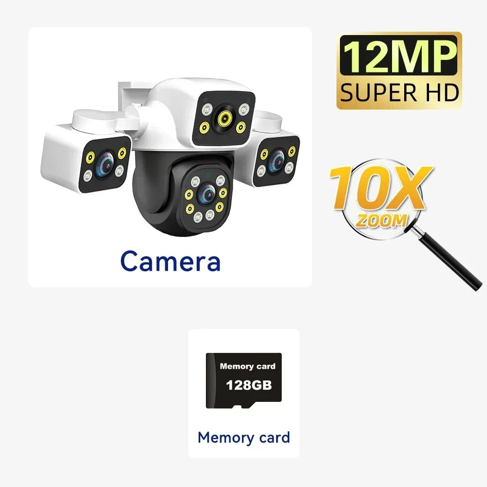 6K 12MP Outdoor WiFi Camera Three Screen Three Lens 10X Zoom PTZ Automatic Tracking Audible Visual Alarm Security Camera