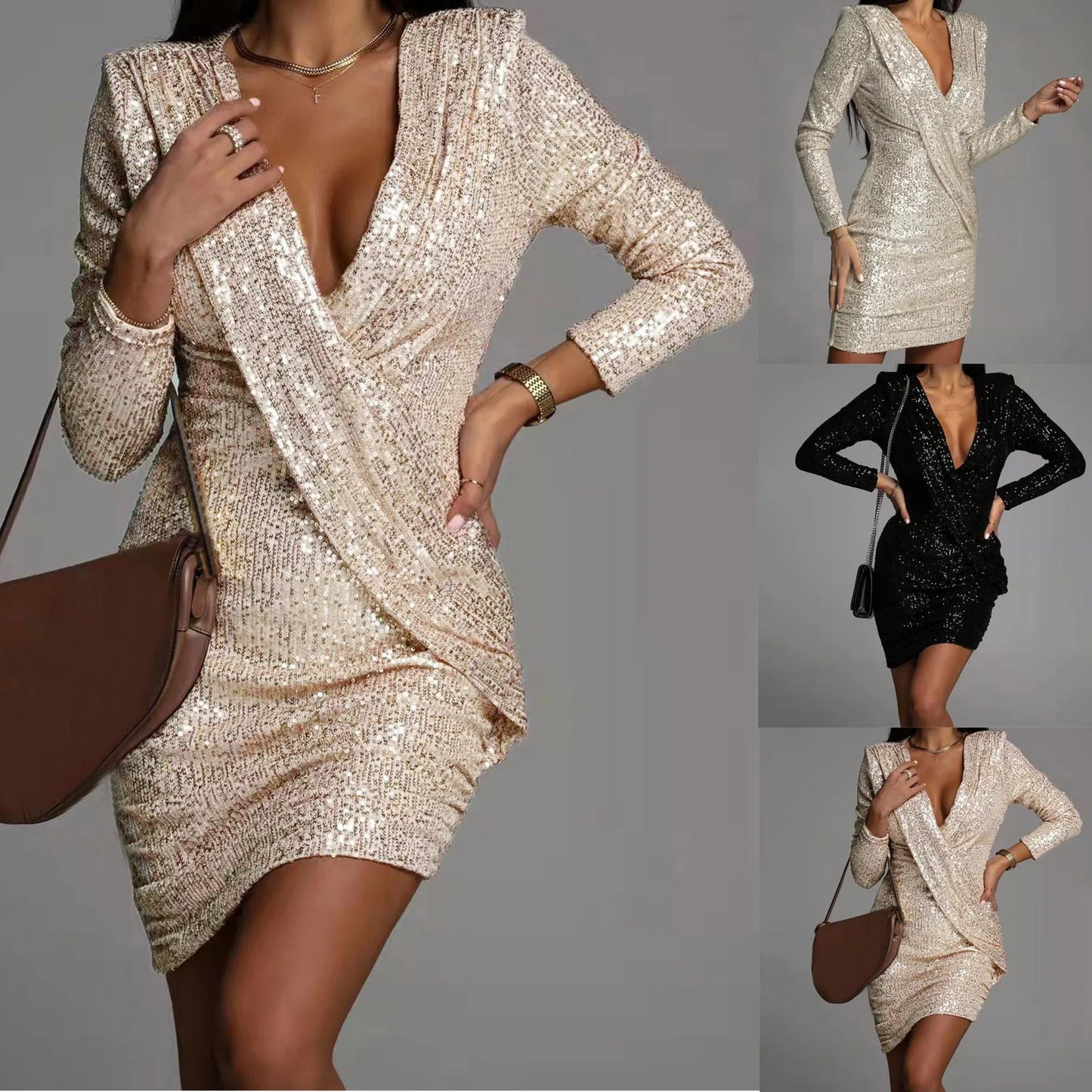 Sexy Silver Glitter Sequin Deep V-Neck Mini Bodycon Dress for Women - Premium dress from Lizard Vigilante - Just $48.88! Shop now at Lizard Vigilante