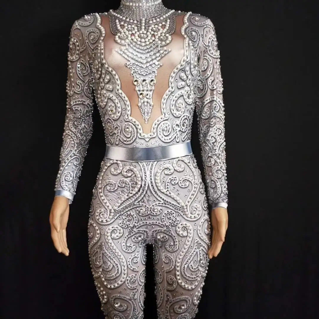 Sexy Silver & Gold Rhinestone Bodysuit – DJ, Bar, Singer, and Catwalk Stage Costume with Crystals & Pearl Appliques - Premium costume from Lizard Vigilante - Just $99.91! Shop now at Lizard Vigilante