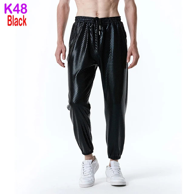 Mens Joggers Metallic Shiny Gold Fish Scales Sweatpants 70s Disco Dance Harem Pants Men Nightclub Stage Party Streetwear Trousers - Premium joggers from Lizard Vigilante - Just $34.99! Shop now at Lizard Vigilante