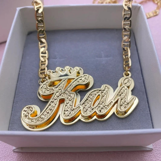 DHQH Customized 3D Name Necklace with Crown Personalized Double Layer Pendant Flat Chain Women's Stainless Steel Jewelry Gift