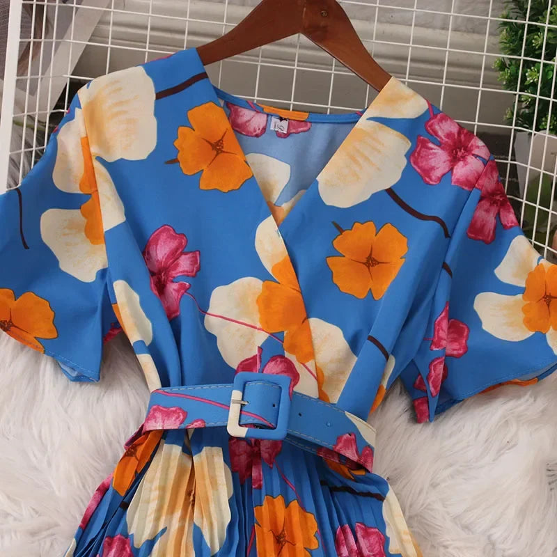 Women Dress Fashion Vintage Ins Bandage Slim Waist A-line Long Dress Vacation Beach Summer Outfits Lady Robe Femme