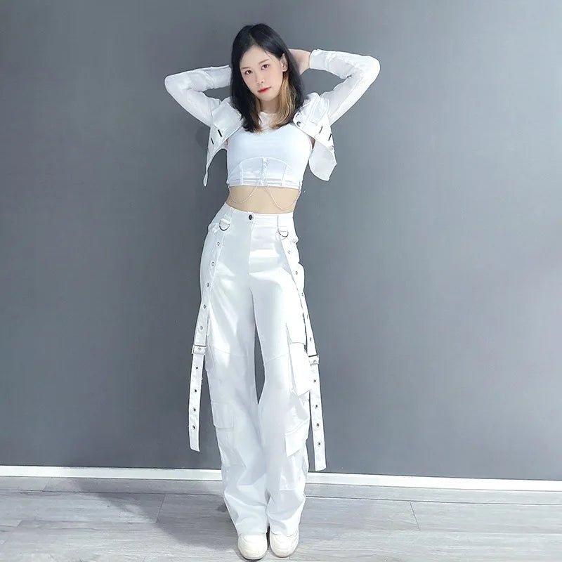 Kpop Korean New Women White Slim Crop Top Cargo Pants Concert Outfits Festival Clothes Lady Stage Rave Hip Hop Vest Dancer Suits - Premium  from Lizard Vigilante - Just $39.99! Shop now at Lizard Vigilante