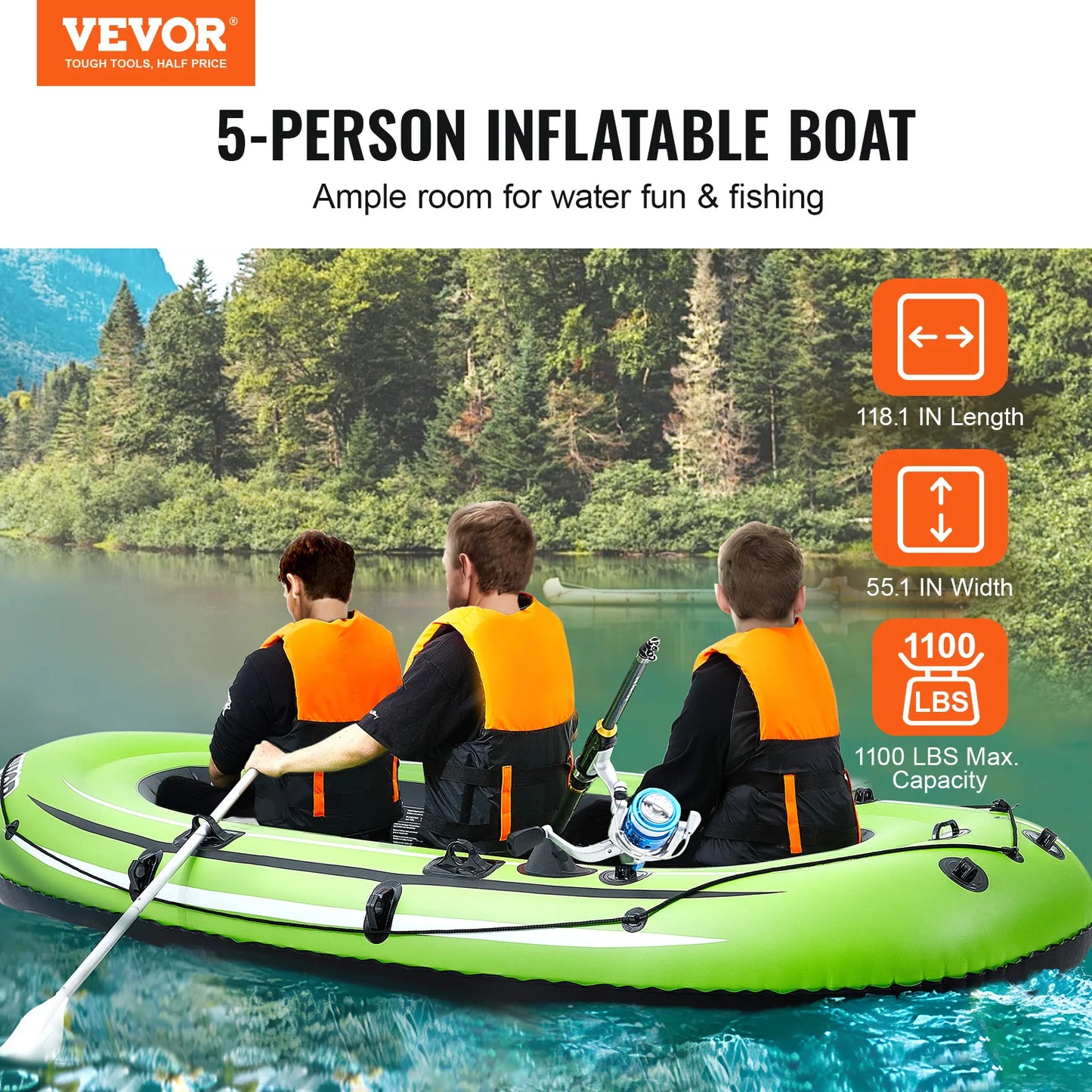 VEVOR Inflatable Boat 4-Person Inflatable Fishing Boat Strong PVC Portable Boat Raft Kayak 45.6" Aluminum Oars High-Output Pump - Premium  from Lizard Vigilante - Just $117.99! Shop now at Lizard Vigilante