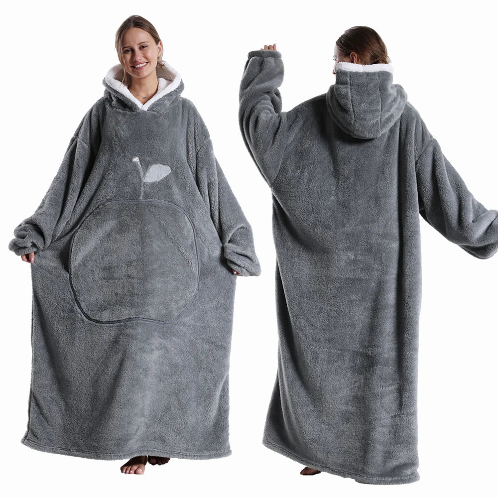 Extra Long Wearable Blankets Winter Flannel Hooded Blanket with Full Sleeves Men Women Cozy Soft Throw Adult TV Blanket