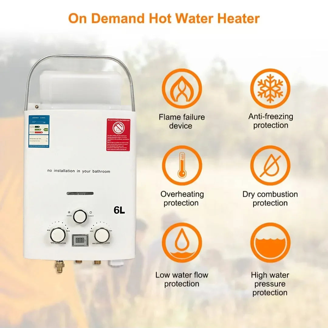 LPG Propane Gas Tankless Water Heater 6L Outdoor Camping Instant Heating Bath With Shower Head Hot Water Heater Car Truck Tent
