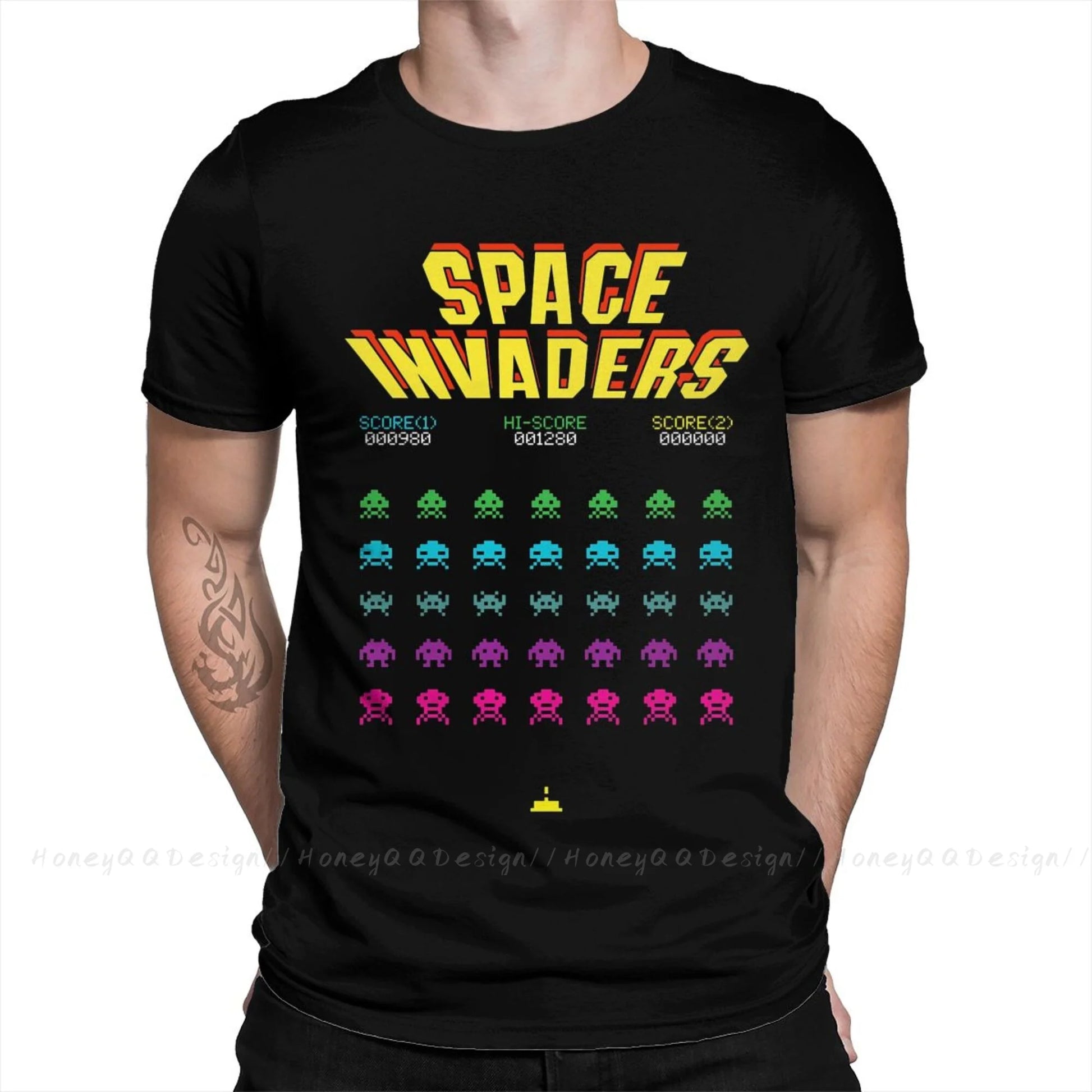 Space Invaders T-Shirt 70s 80s Arcade Game Men 100% Cotton Short Summer Sleeve Casual Plus Size Shirt Adults - Lizard Vigilante