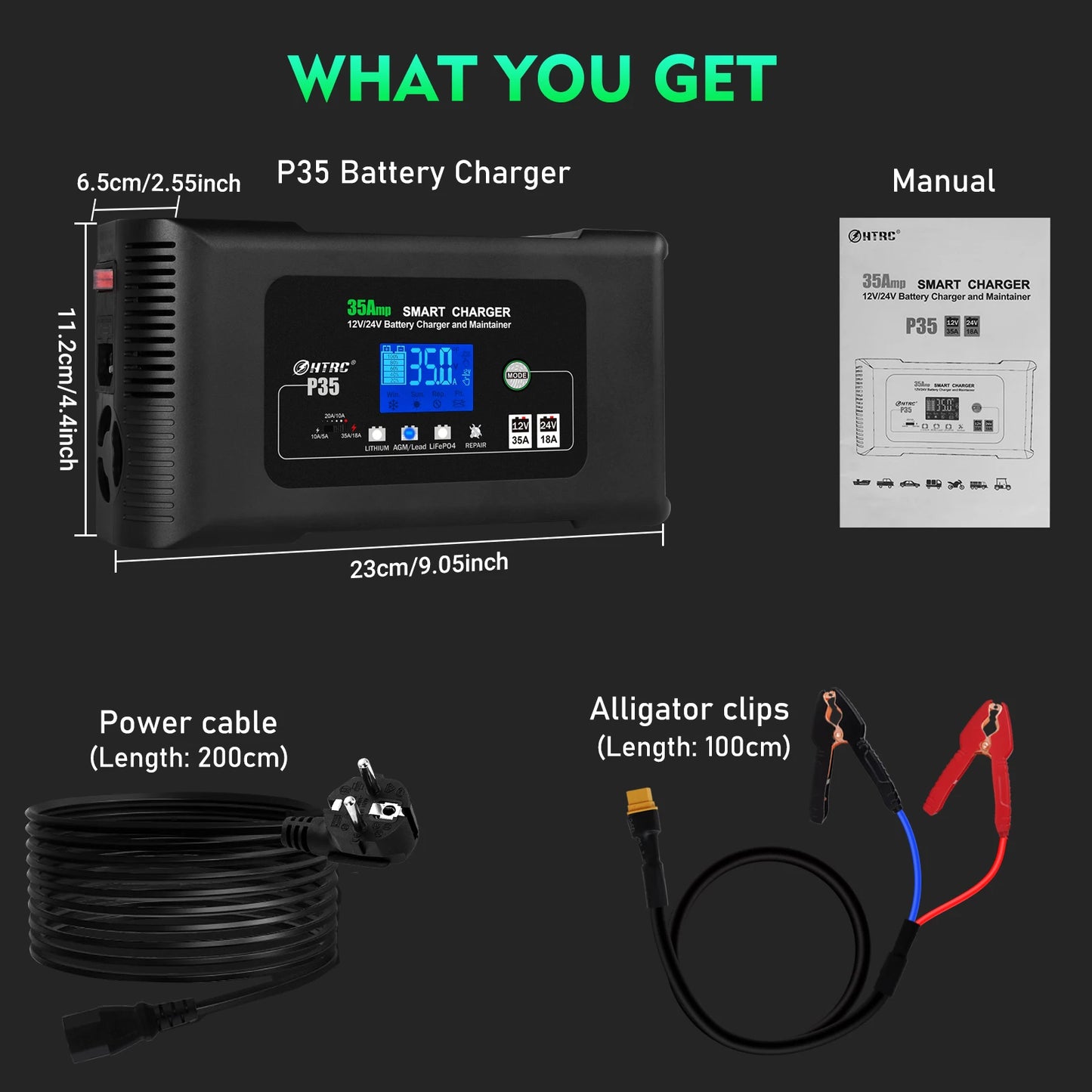 HTRC 35A 12V/24V Car Battery Charger – Smart LCD Display for Auto, Truck, and Motorcycle Batteries - Premium battery charger from Lizard Vigilante - Just $168.88! Shop now at Lizard Vigilante