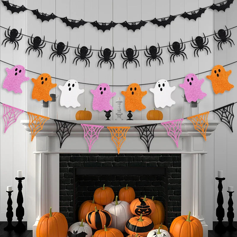1set Halloween Decoration Banner Bunting Scary Spider Ghost Bat Hanging Garland Pull Flag Pendant For Halloween Party Home Decor