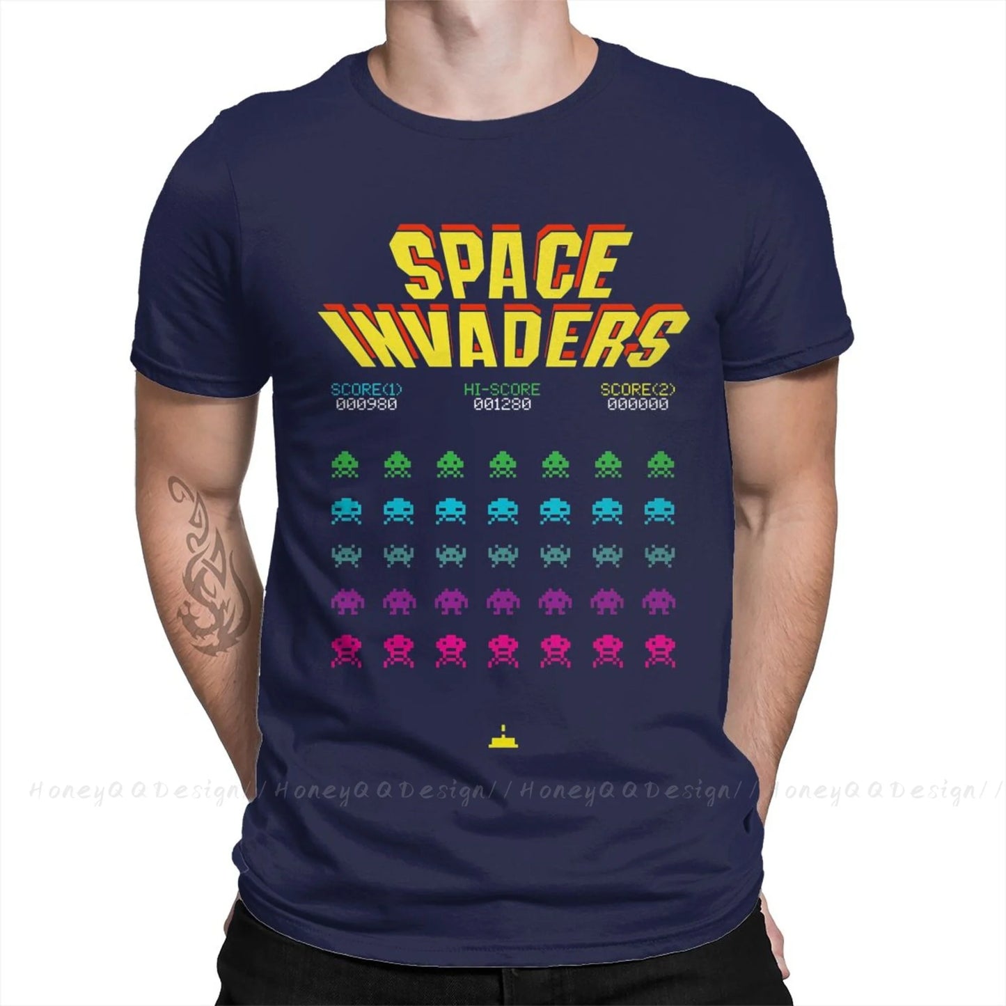 Space Invaders T-Shirt 70s 80s Arcade Game Men 100% Cotton Short Summer Sleeve Casual Plus Size Shirt Adults - Lizard Vigilante