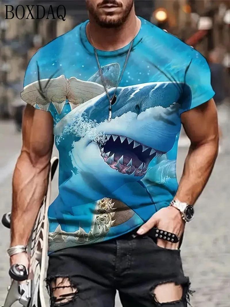 Summer 2024 Shark Attacks T-Shirts For Men's Beach Casual Summer 3d Print Killer Street Style Man T Shirt Short O-Neck Love Shark Trend Hip Hop Tops Tee 6XL Plus Size - Lizard Vigilante