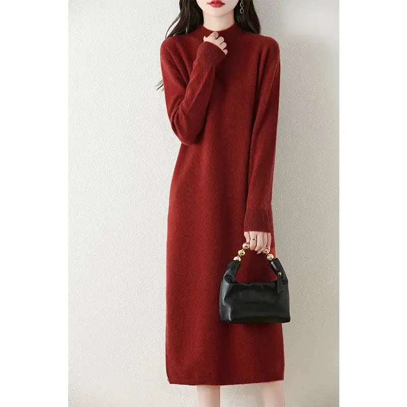Autumn Winter Women's Wool Long Dress Cashmere Mock Neck Pullover Sweater 100% Merino Wool Soft Knitwear OL Simple Basic Dress