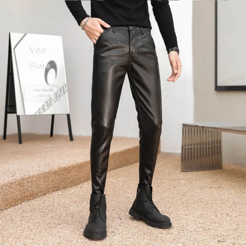 Men's Skinny Faux Leather Biker Pants – Moto-Style High-Waist Trousers for Stage and Club Wear - Premium pants from Lizard Vigilante - Just $48.88! Shop now at Lizard Vigilante